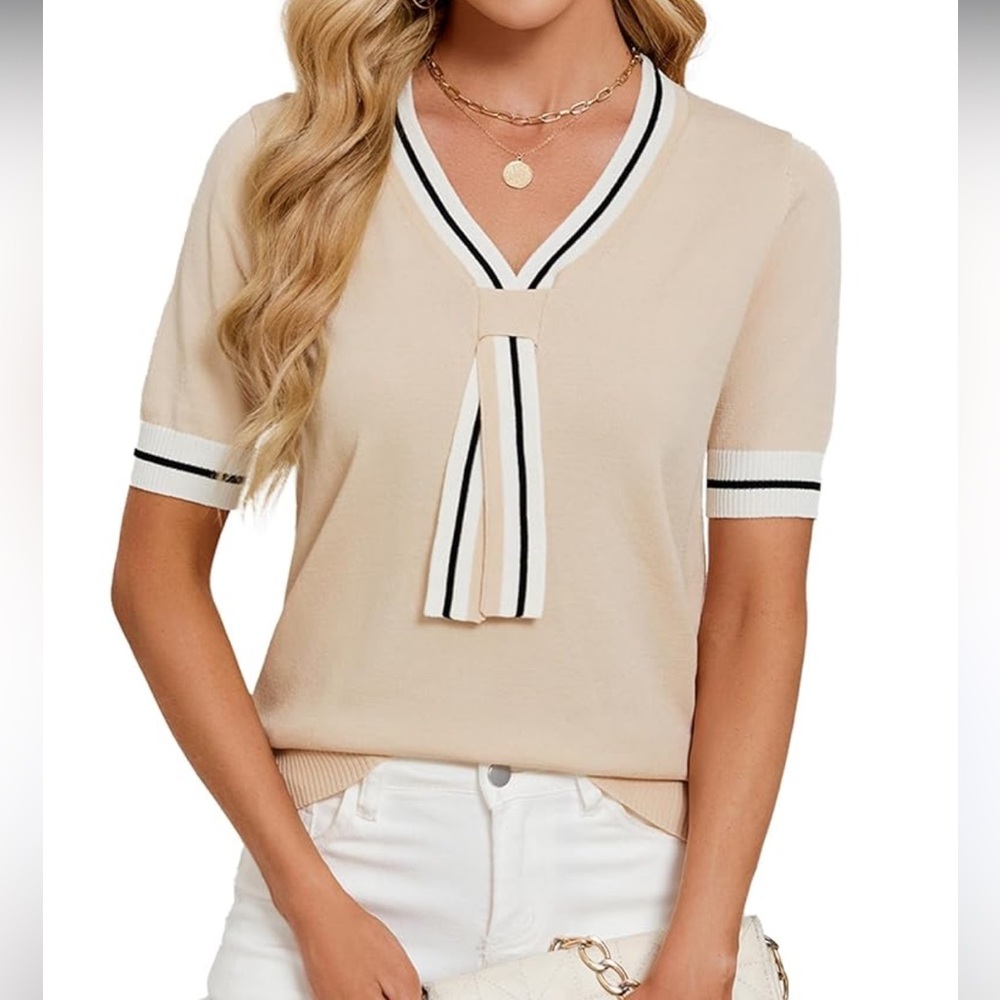 Beige Short Sleeve Top with Tie Detail